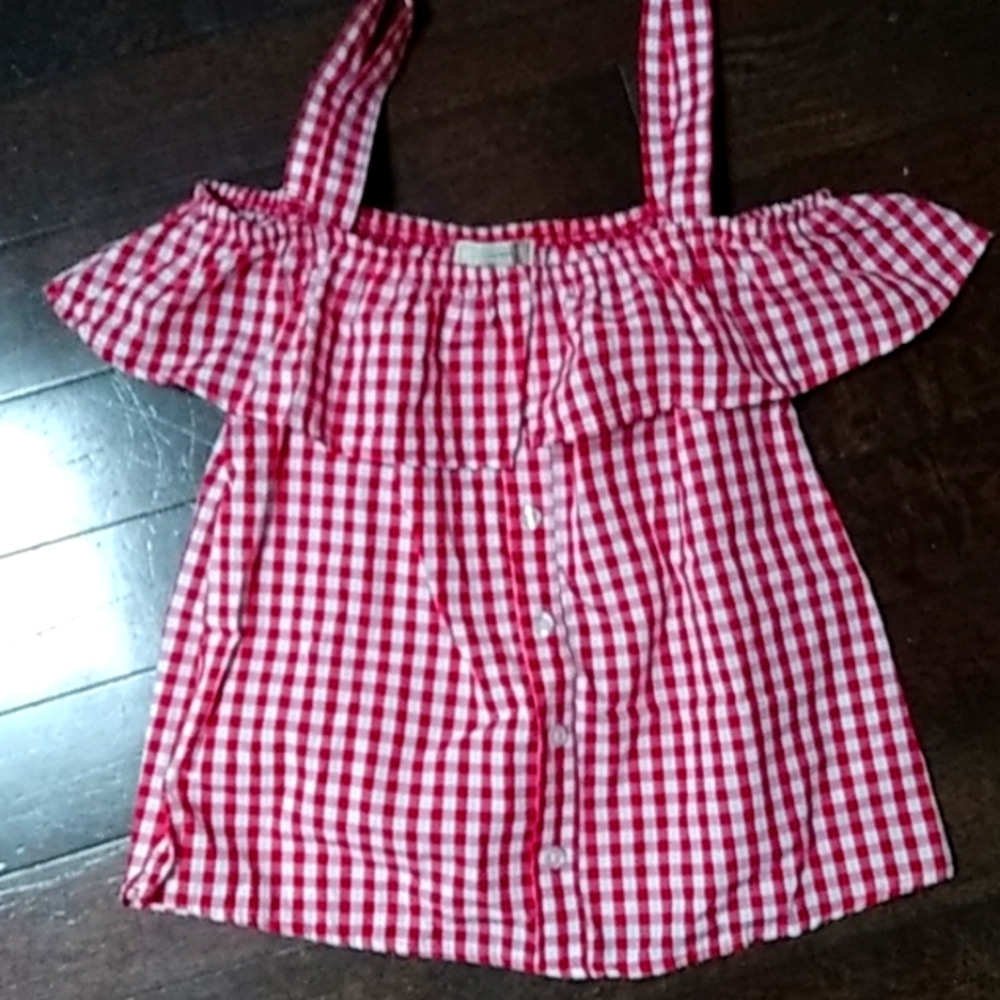 100% Cotton Red and White Checkerboard Tee Strap, Ruffle at Top and Off Shoulder